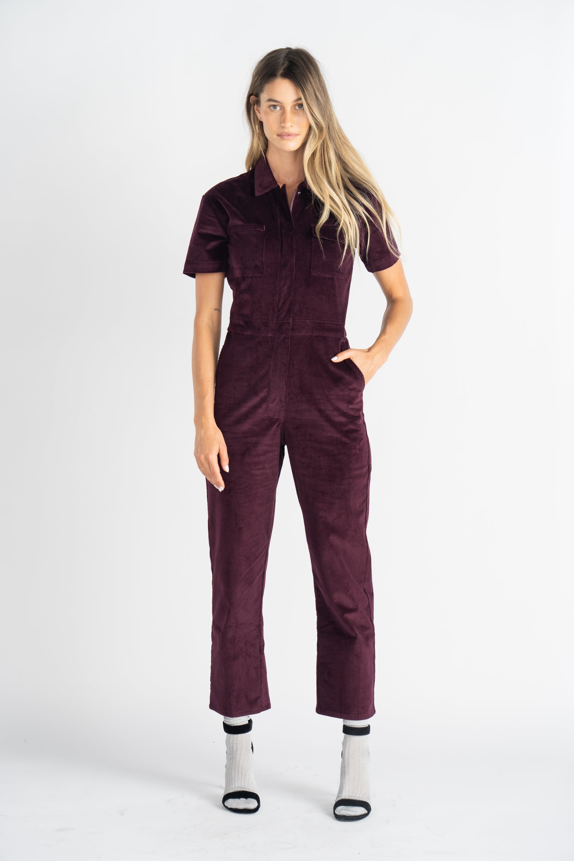 RIVET UTILITY Worker Short Sleeve Knit Cord Jumpsuit